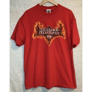 VTG Y2K Mens XL Harley Davidson Red Flaming Tribal Dragon Red Lake Erie T-Shirt